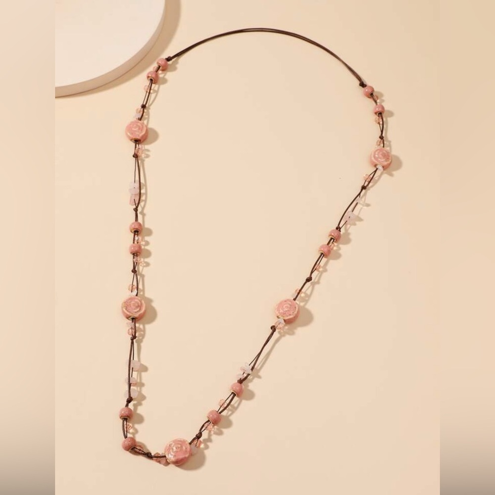 Delicate Pink Rose Bead Long Necklace